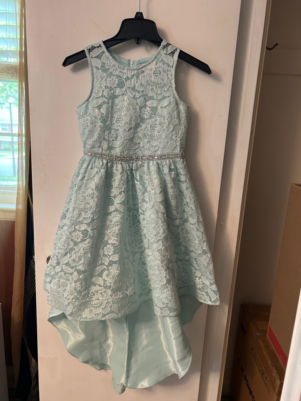 Rare Editions Mint Lace High-Low Party Dress with Beaded Waist